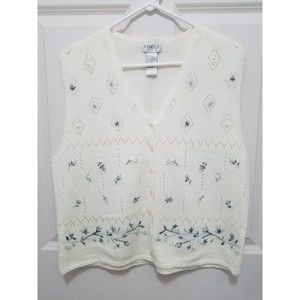 NWOT Koret Cream Women Floral Embroidered Knit Sweater Vest Sz M